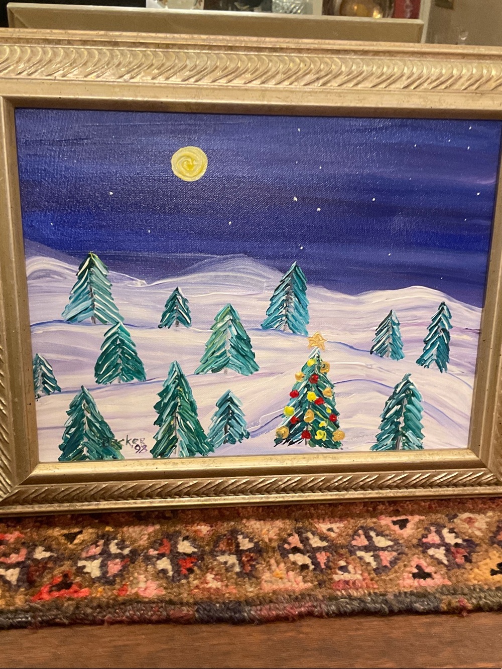 Sweet and wonderful winter oil painting.  1998, in my family, artist Becker?
